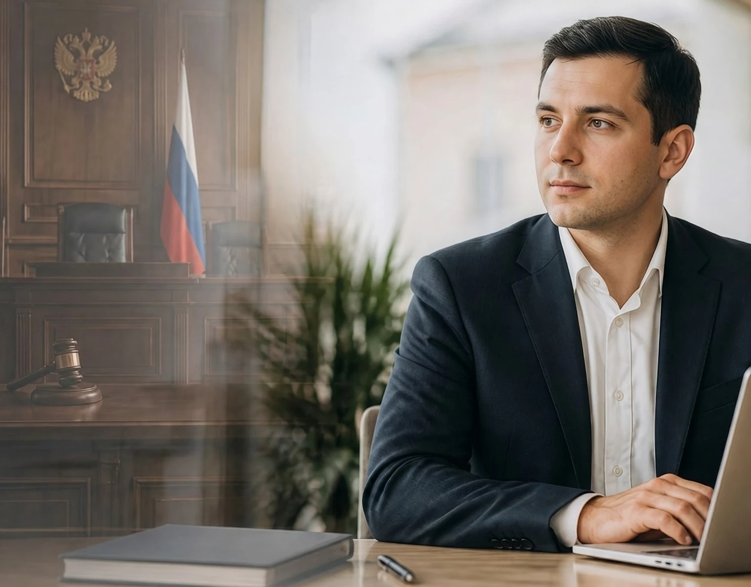 Эксперт бюро за работой, на фоне зал судебного заседания
